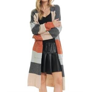 NEW ADORA women's colorblock pocket cardigan in charcoal/rust multi